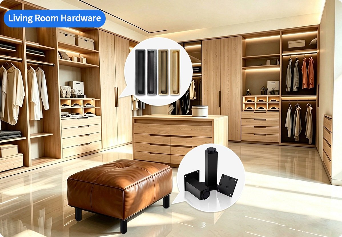 living room and kitchen cabinet hardware scene