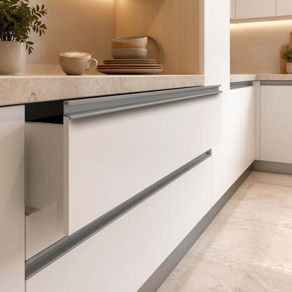 Gunmetal Anodized Aluminum Flush G Handles, Invisible Modern Cabinet Handles for Europen Kitchen & Bathroom Cupboards - scene view