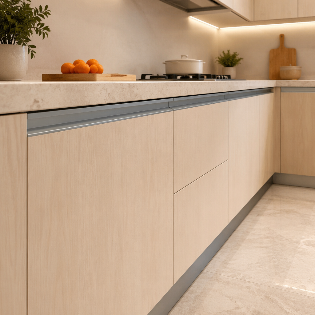 Gunmetal Anodized Aluminum Flush G Handles, Invisible Modern Cabinet Handles for Europen Kitchen & Bathroom Cupboards - scene view