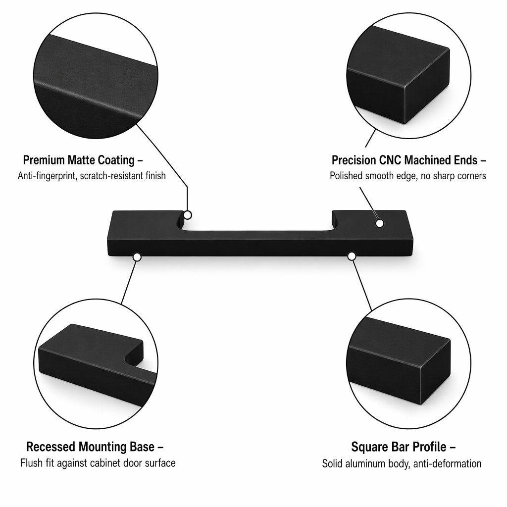 Minimalist Square Solid Aluminum Cabinet Pull Handle Easy Install Kitchen Drawer Hardware