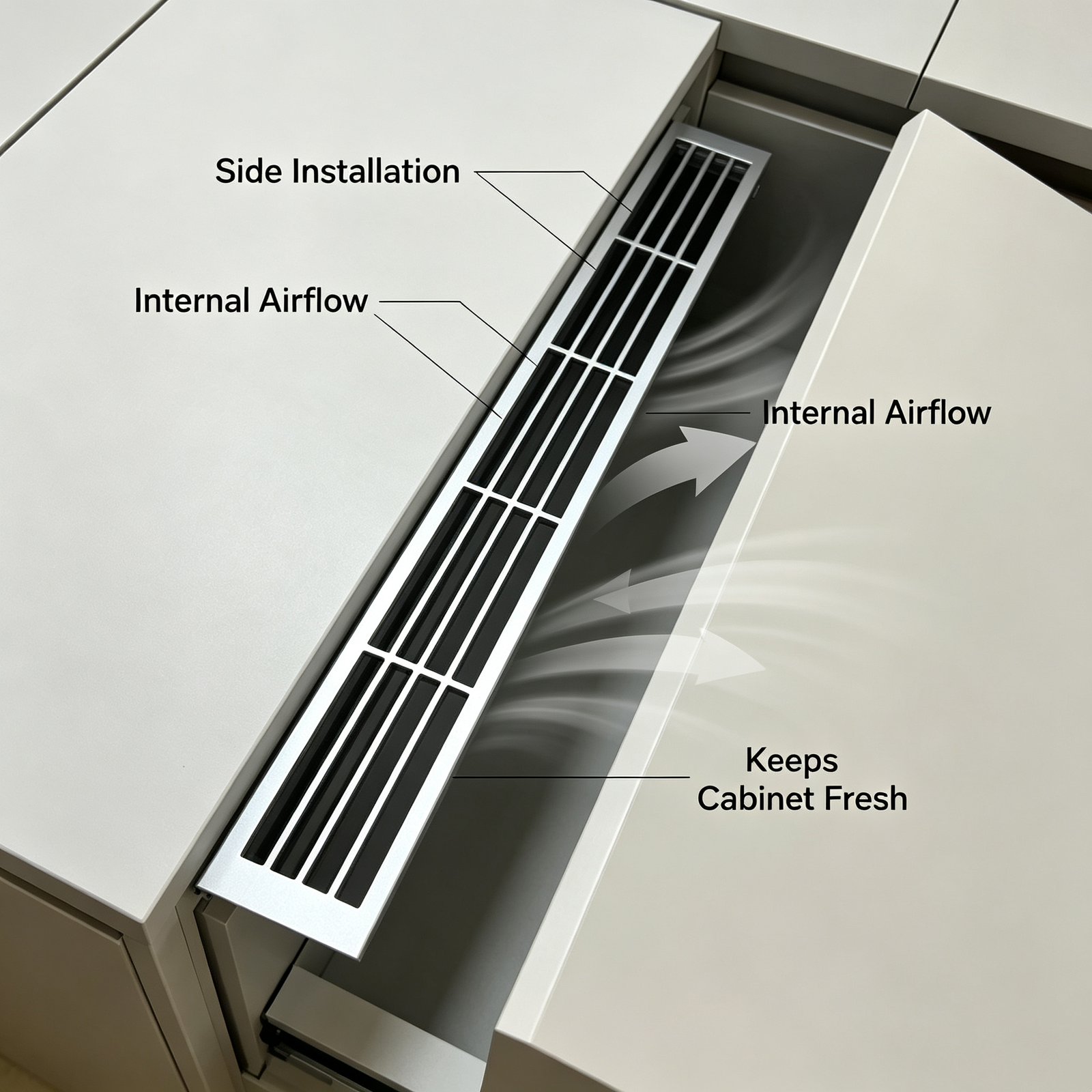 Tropical Charcoal Aluminum Slat Vent Grille, Mildew Proof Airflow Cover for Humid Tropical Kitchen Cabinets - scene view