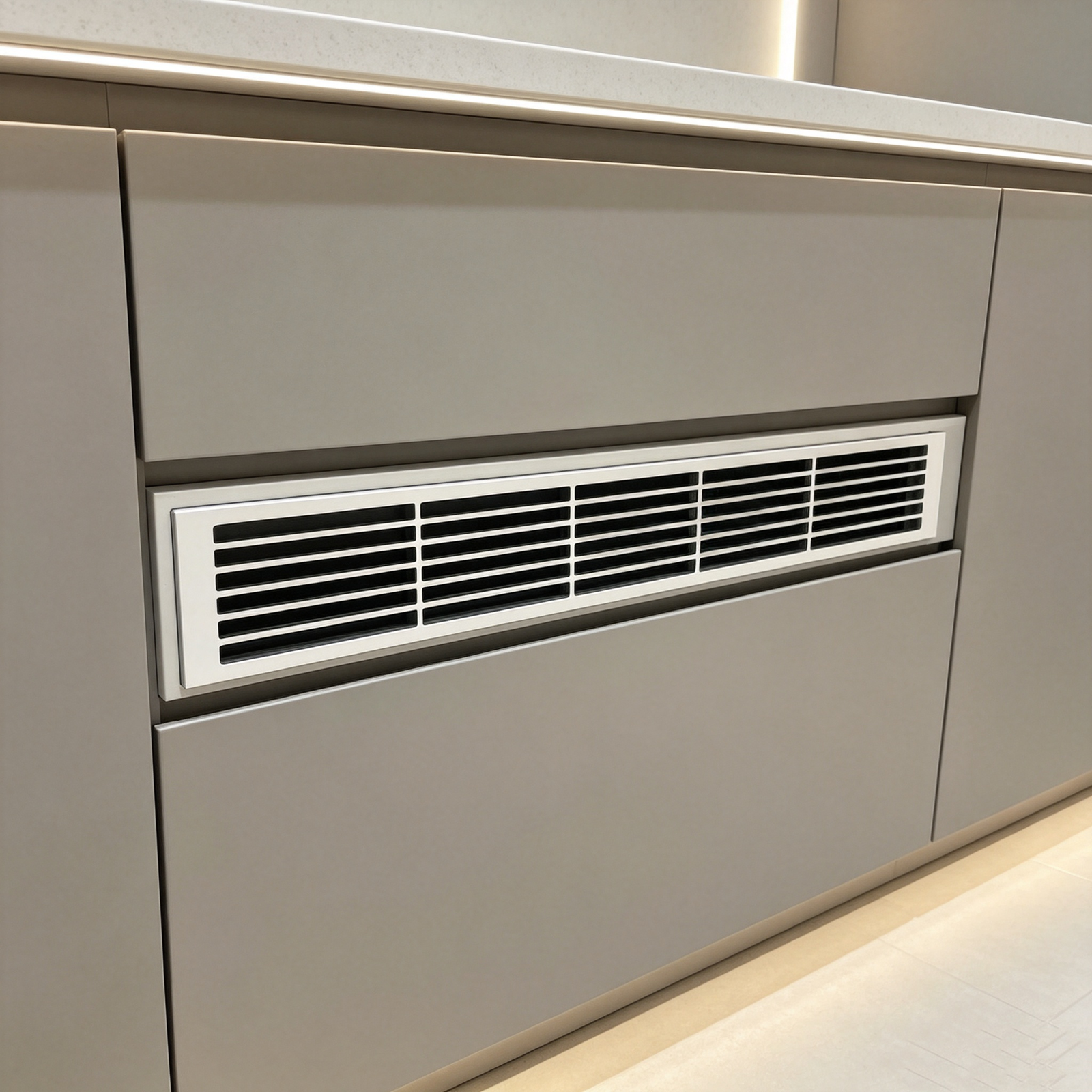 Tropical Charcoal Aluminum Slat Vent Grille, Mildew Proof Airflow Cover for Humid Tropical Kitchen Cabinets - scene view