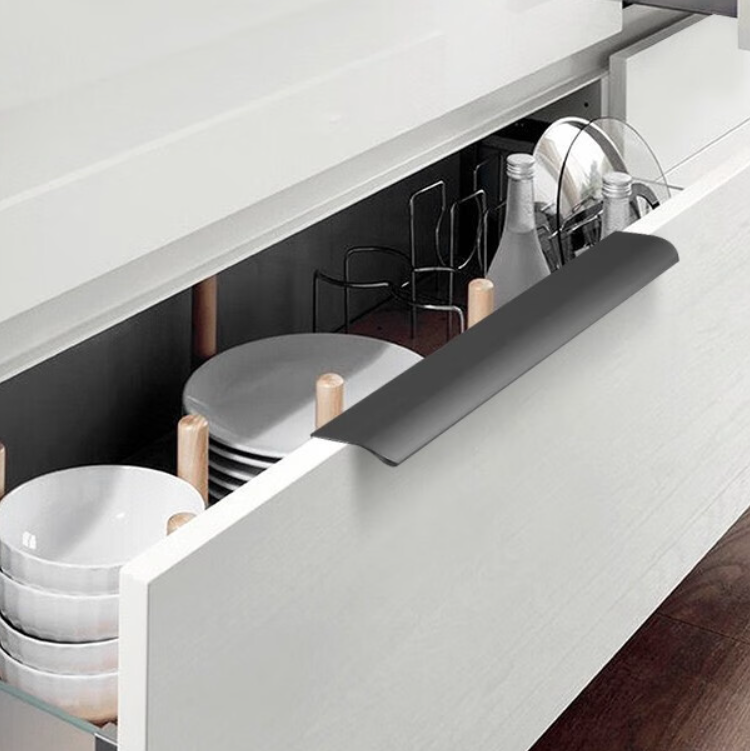 Modern Style 64 MM Concealed Finger Edge Drawer Pull Handle Black Aluminum Profile for Cabinets for Living Room Warehouse - scene view